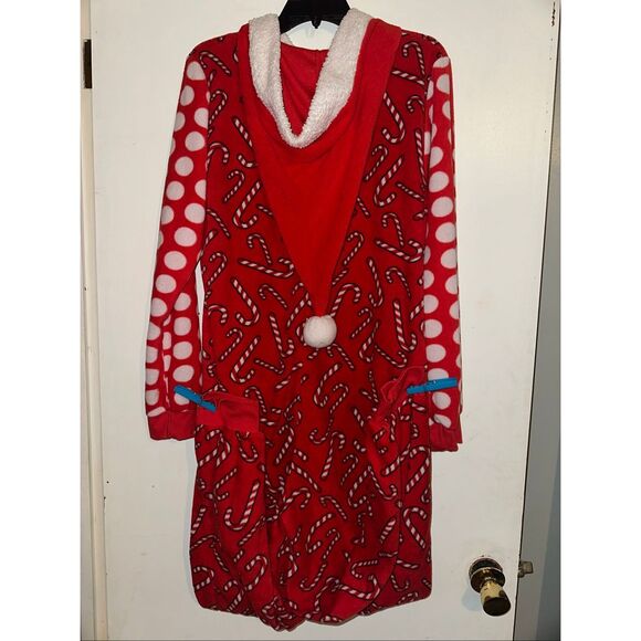 #Follow me Christmas one piece zip up pajamas santa hood candy canes women's Lar - Picture 4 of 6